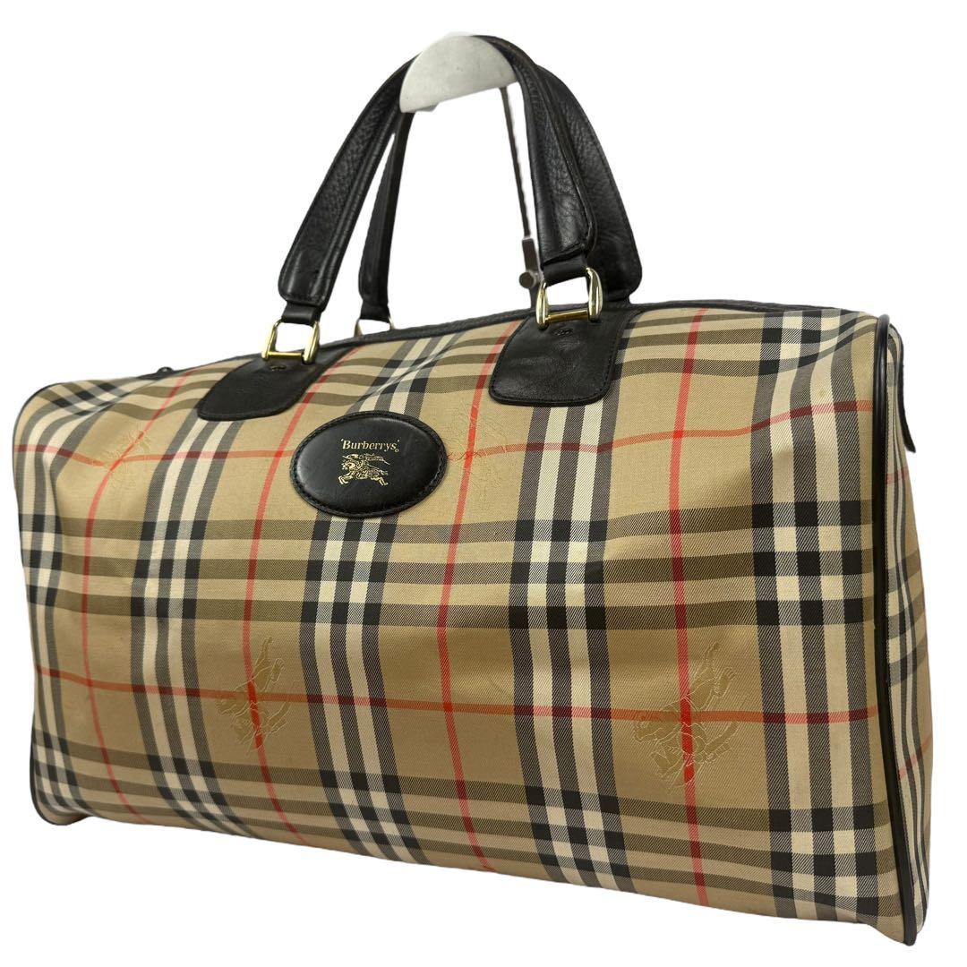 【廃盤】バーバリー 大容量 ボストンバッグ ノバチェック キャンバス ホースロゴ