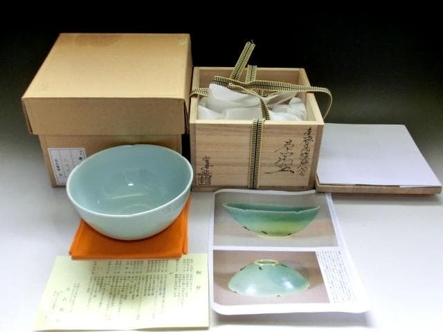 茶碗■青磁「大石督幸造」銘馬蝗絆写（龍泉窯 南宗時代）直し調 時代物 骨董品■