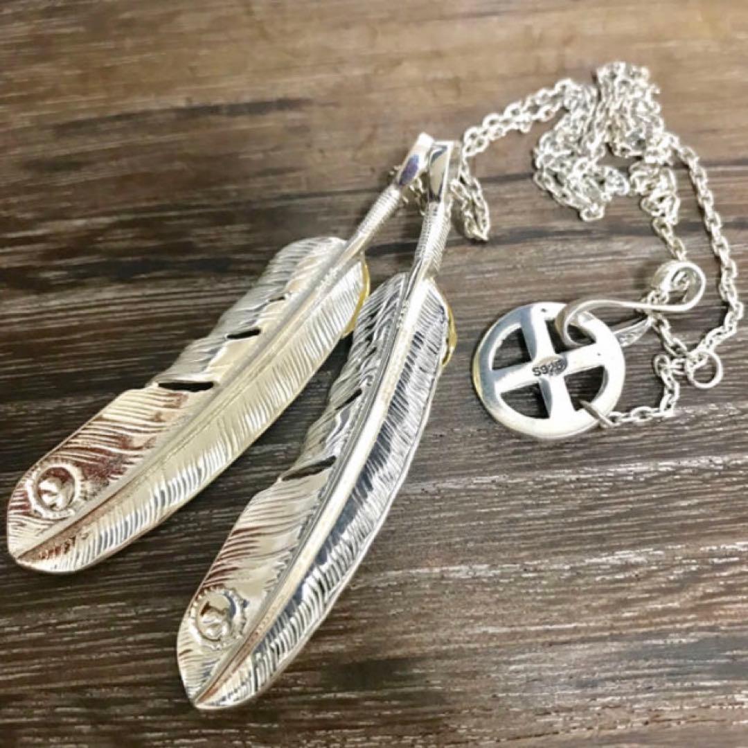 silver925 金縄 ターコイズ 上金ハート フェザーネックレス