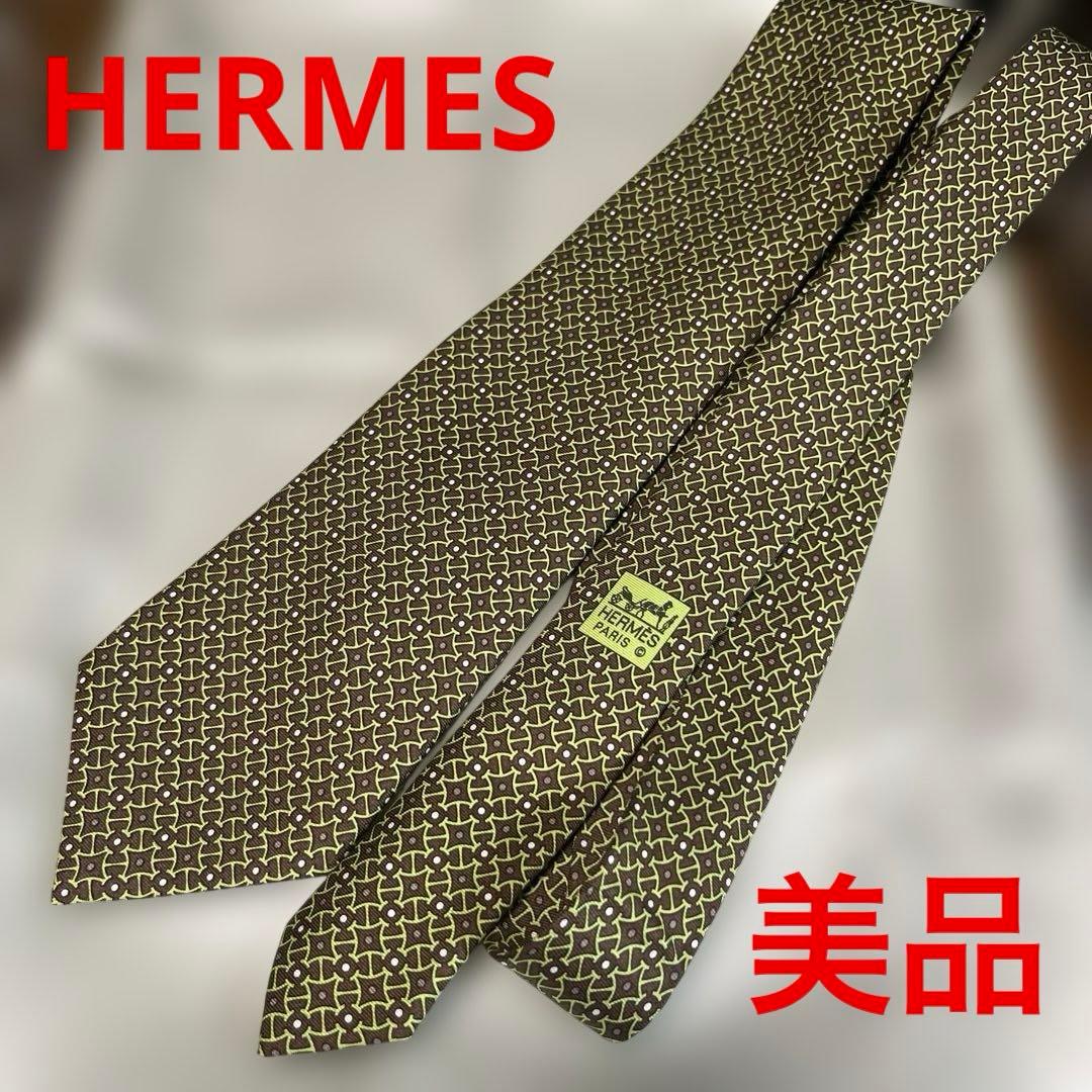 HERMES エルメス ネクタイ グリーン系 ブラウン シルク100%