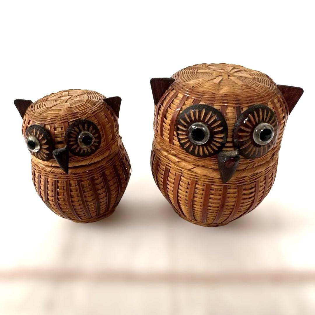 フクロウ 竹細工 小物入れ 2点セット レトロ 縁起物