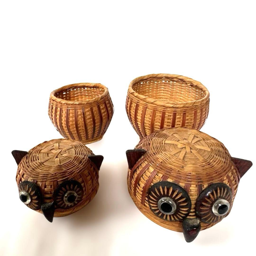 フクロウ 竹細工 小物入れ 2点セット レトロ 縁起物