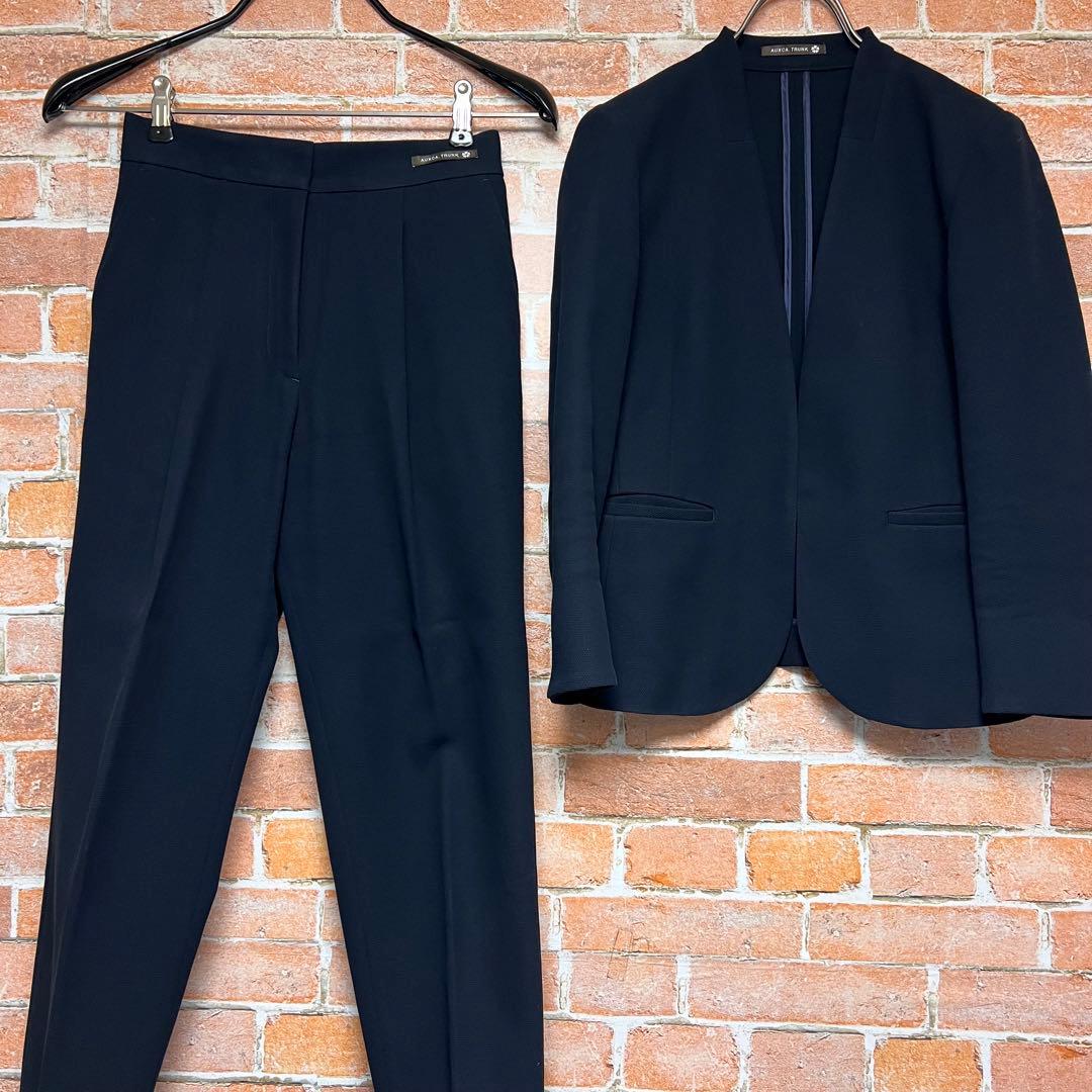 (未使用級)オーカトランク　ノーカラー　コットン　パンツスーツセットアップ　紺色