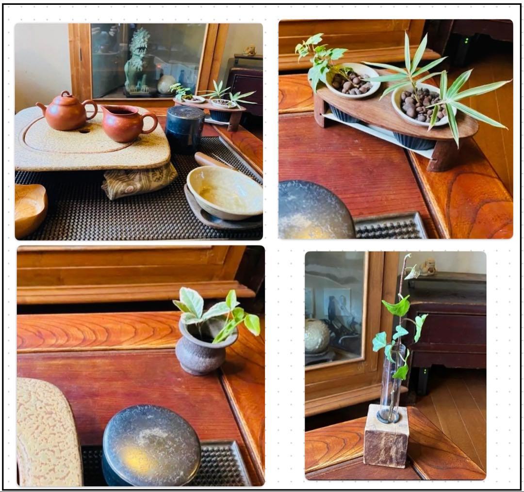 ミニ陶器鉢３点セット・自作付属品付　　一輪挿し・ポット・水耕栽培・観葉　多肉植物