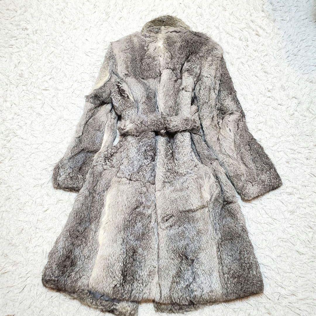 美品 ラビットファー 毛皮 ロングコート モコモコ ベルト付き リアルファー