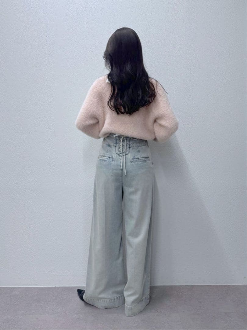 バックレースアップデニムワイドパンツ