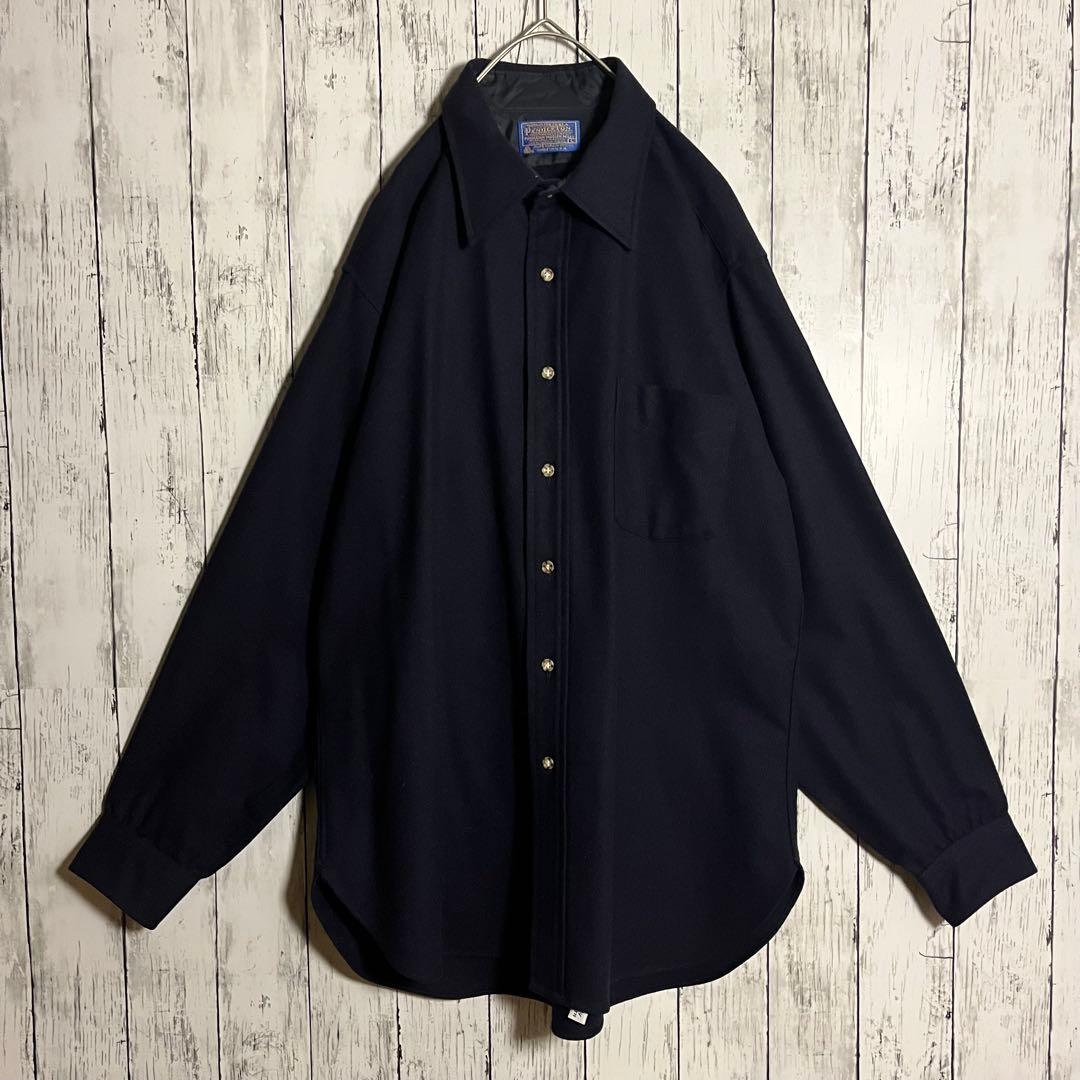 【希少】PENDLETON 70s単色USA製　ボードシャツ無地ウールXL濃紺
