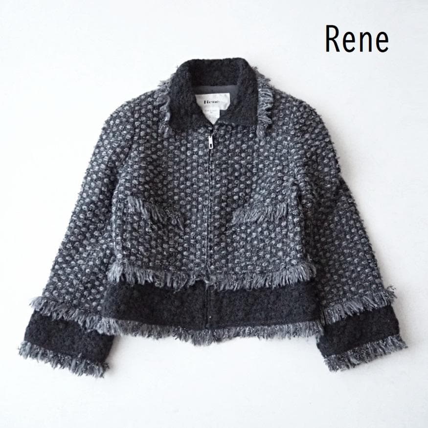 楽✳︎楽様René ルネ アンゴラ混 ツイード フリンジ ジップアップ ジャケット