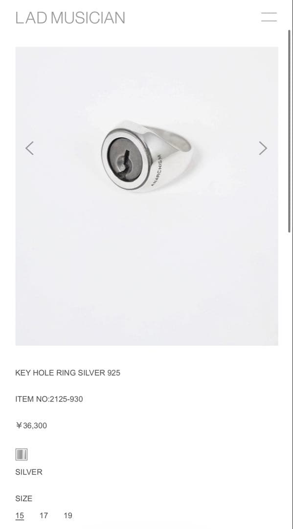 アクセサリー LAD MUSICIAN KEY HOLE RING SILVER 925
