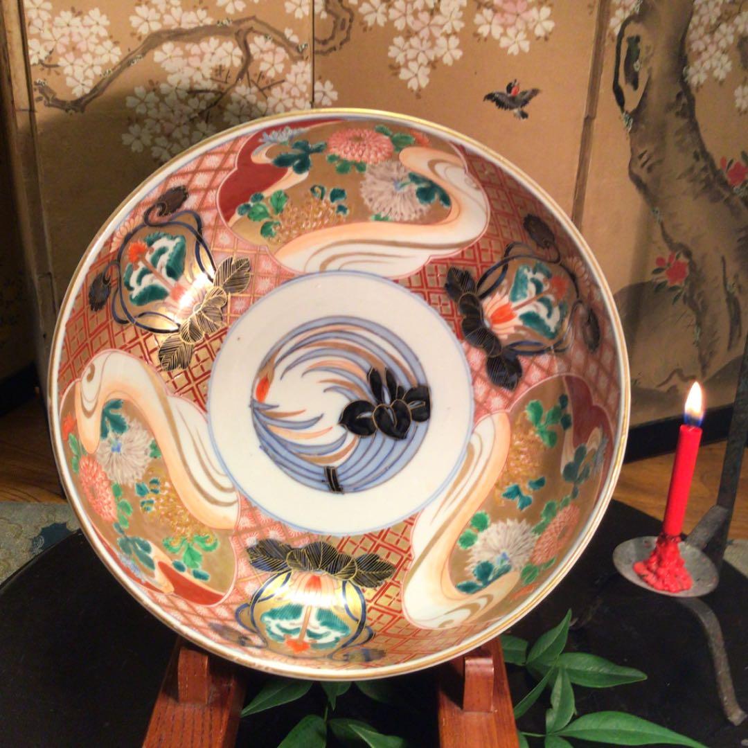 A539 古伊万里 金蘭手　見込菖蒲　窓絵流水菊紋様　大鉢　　1客