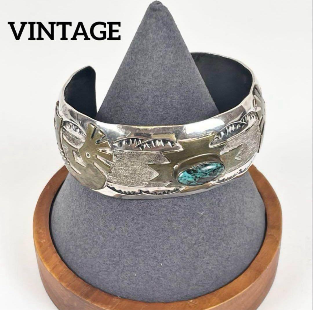 VINTAGE Indian jewelry ターコイズシルバーバングル 太め