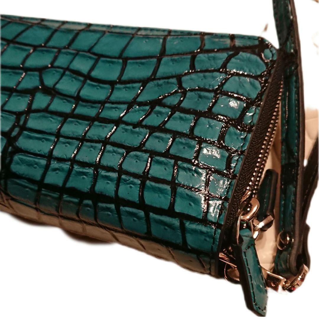クロコダイル本革レザー長財布ターコイズグリーンブルー ダブルジップ