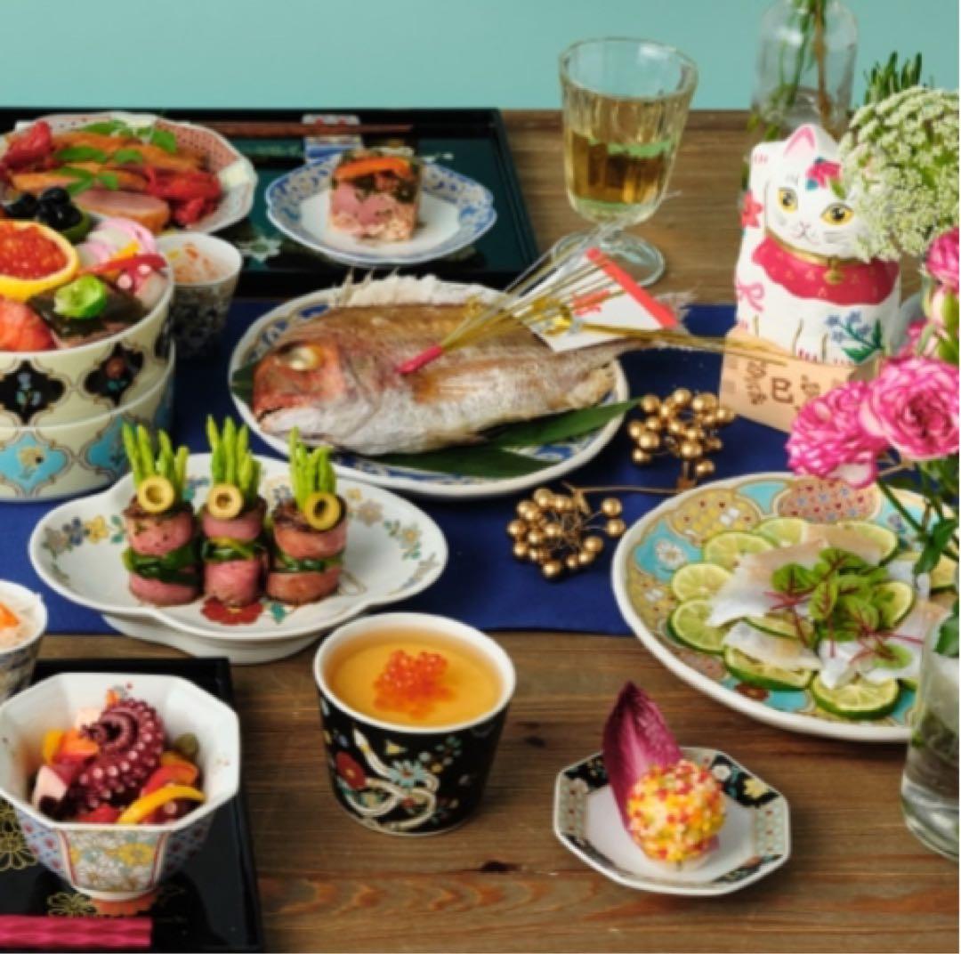 青地の花柄大アフタヌーンティー 九谷焼 ナタリーレテさん 大皿 正月