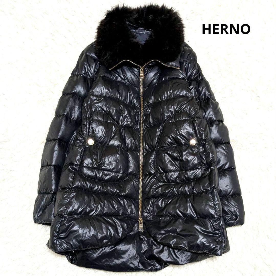 HERNO ヘルノ ダウンコート ロング フォックスファー ブラック L