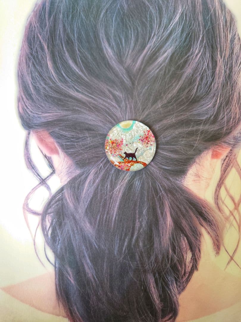 レジン　猫　ヘアゴム　ブローチ　ポニーフック　No.461