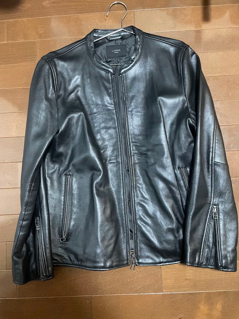 LIUGOO ブラックレザーシングルライダースジャケット