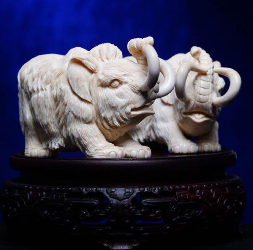 天然マンモス牙美しい手作り彫刻吉象対称 置物