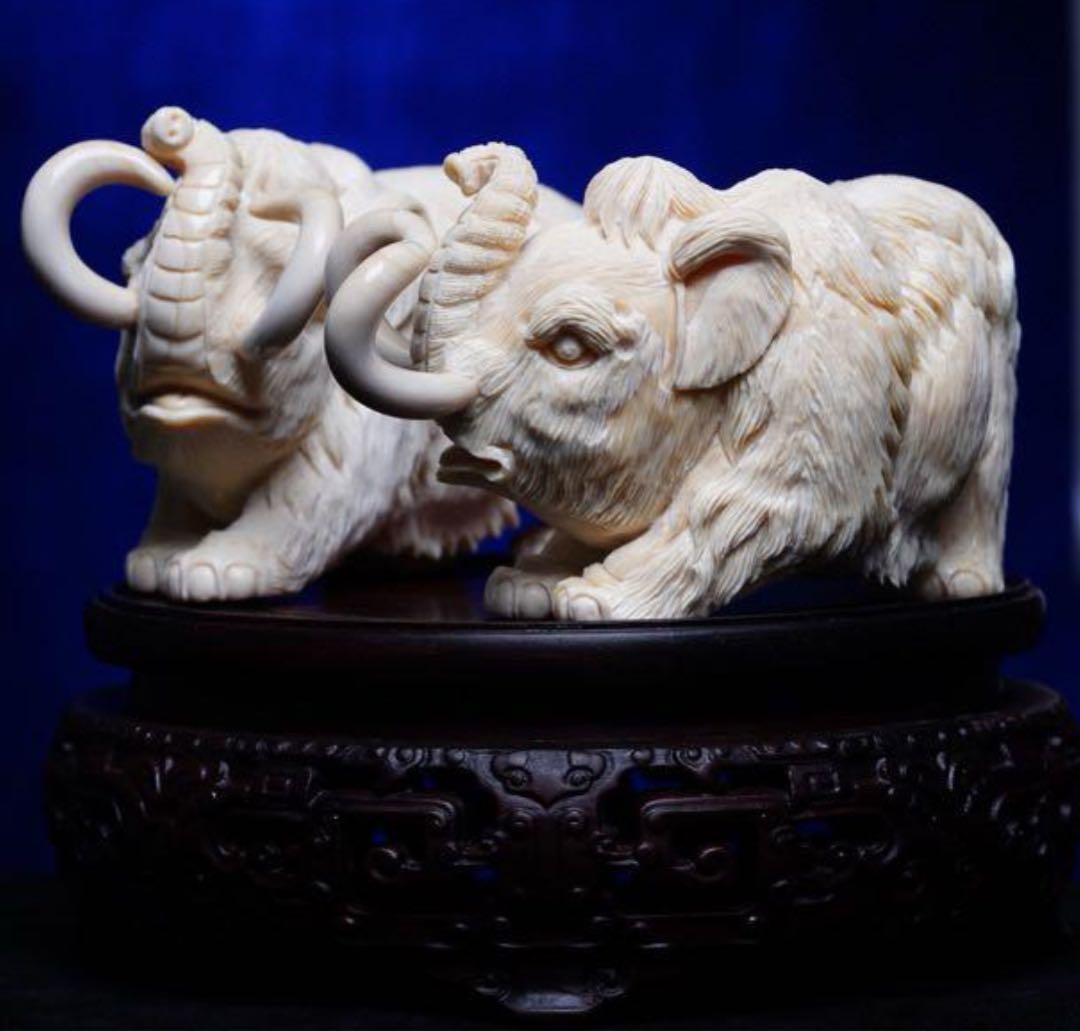 天然マンモス牙美しい手作り彫刻吉象対称 置物