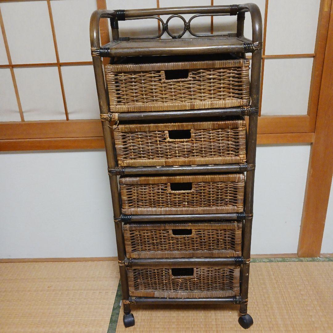 籐製 　ラタン　5段収納ラック キャスター付き　　ブラウン　レトロ