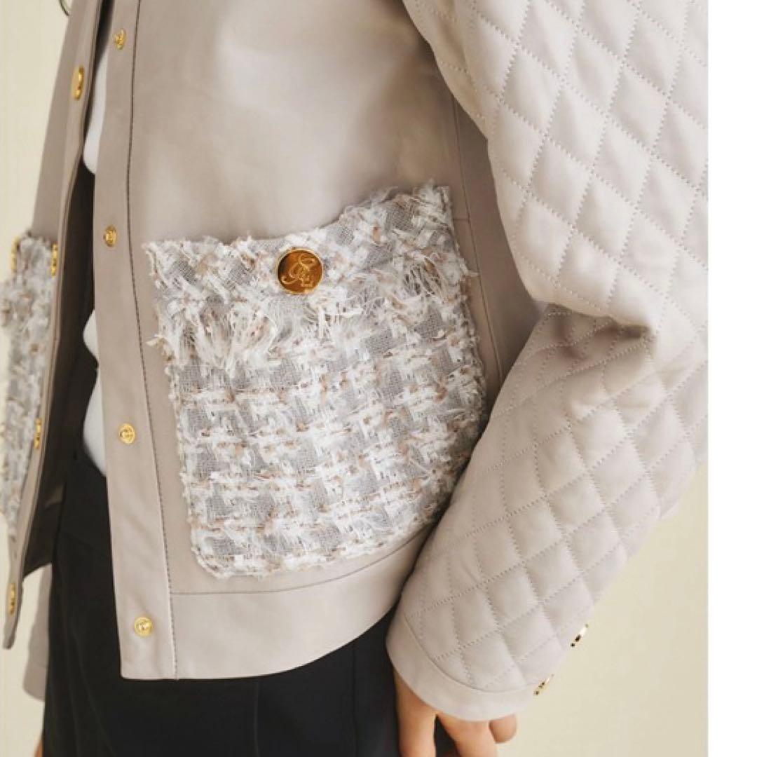 グレースクラス ツイードポケットレザージャケット ノーカラー ラムレザー 36