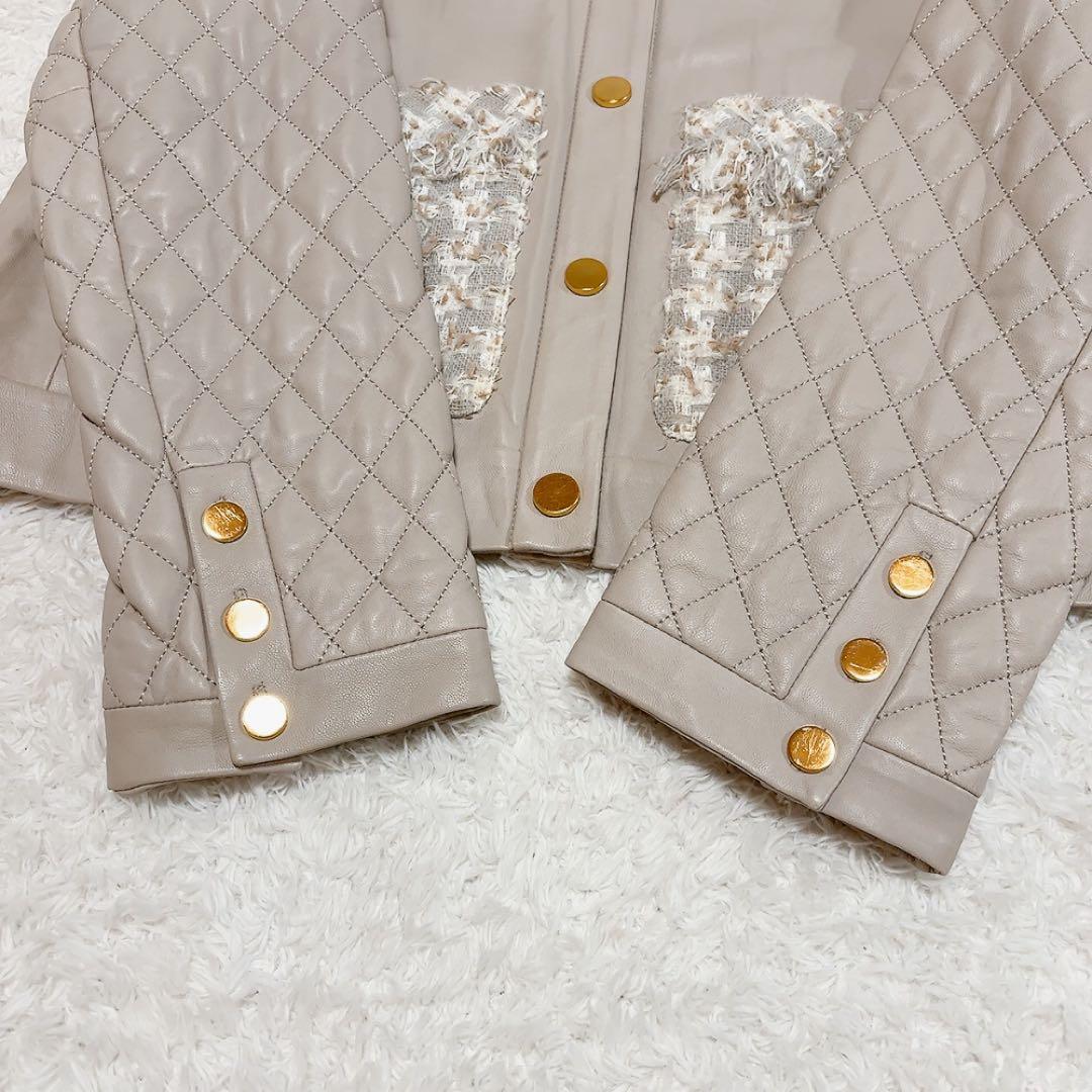 グレースクラス ツイードポケットレザージャケット ノーカラー ラムレザー 36