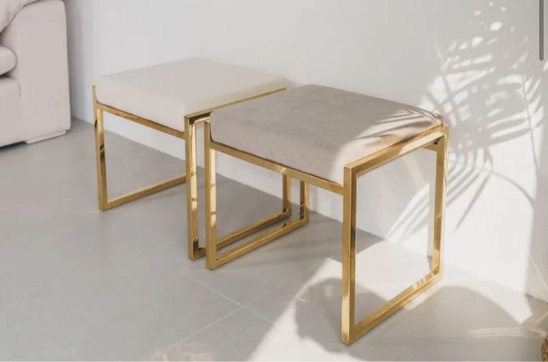 グレージュ　椅子　チェアー　ベルベット調ゴールドスチールオットマン　韓国家具