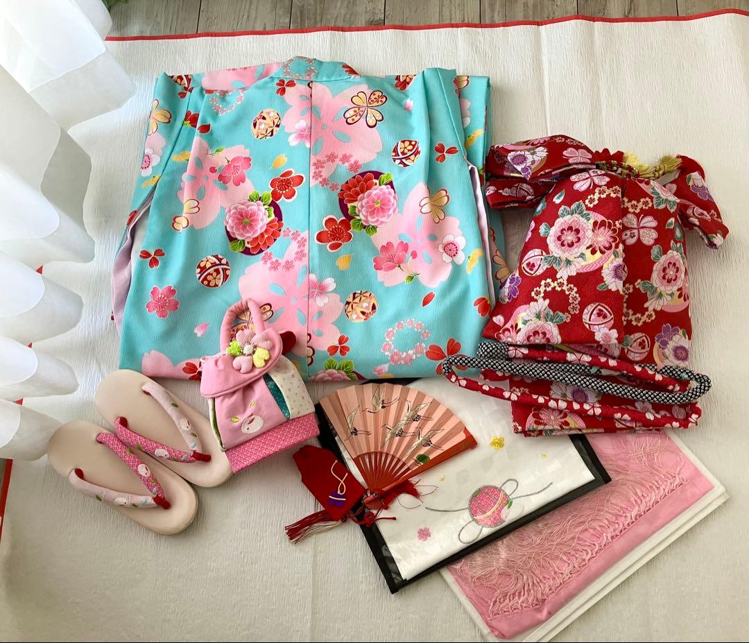 ７歳七五三 水色花柄着物セット