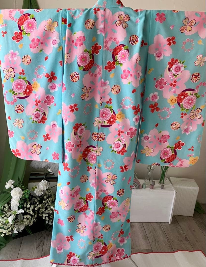 ７歳七五三 水色花柄着物セット