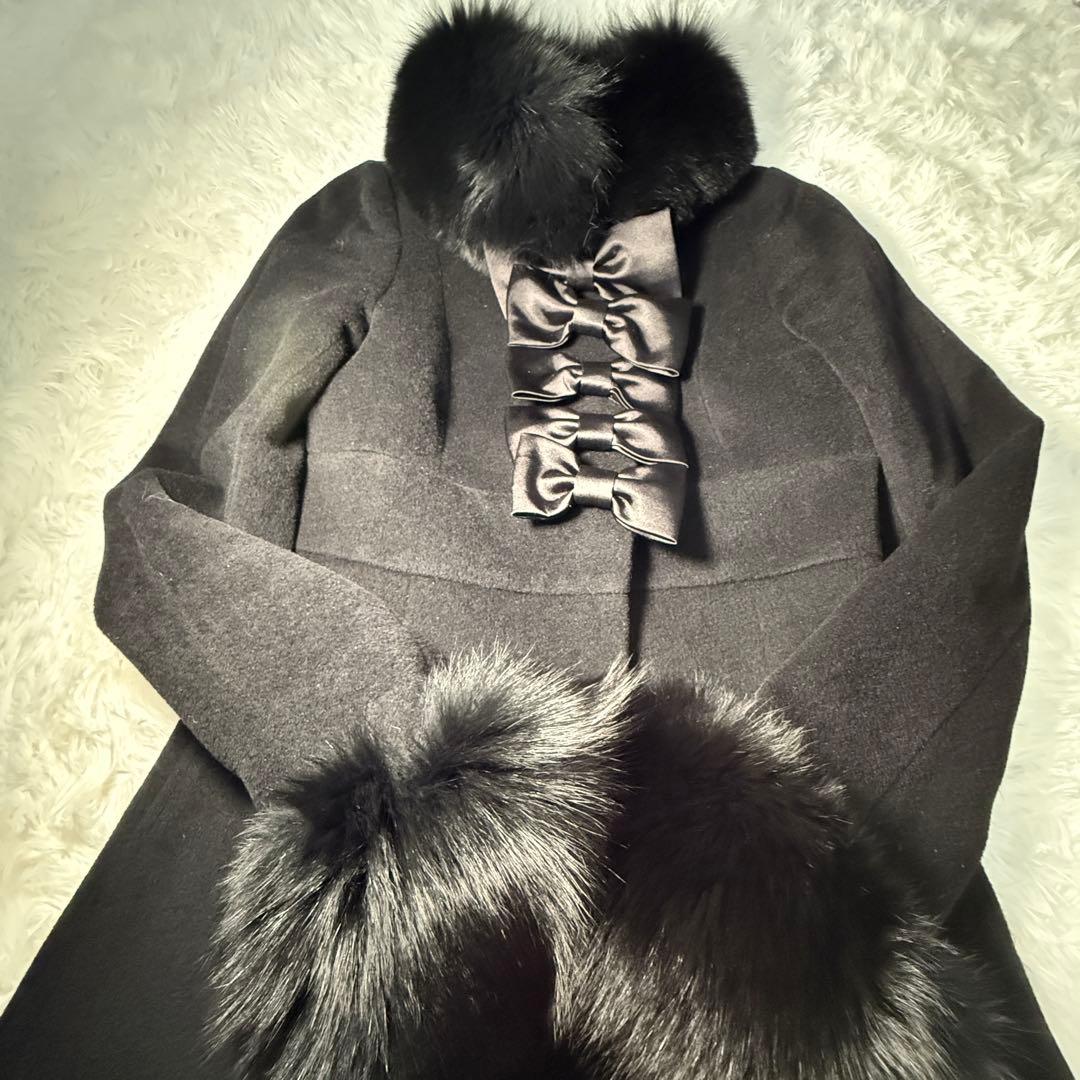 JESUS DIAMANTE アンゴラロングコート黒フォックスファー薔薇柄裏地