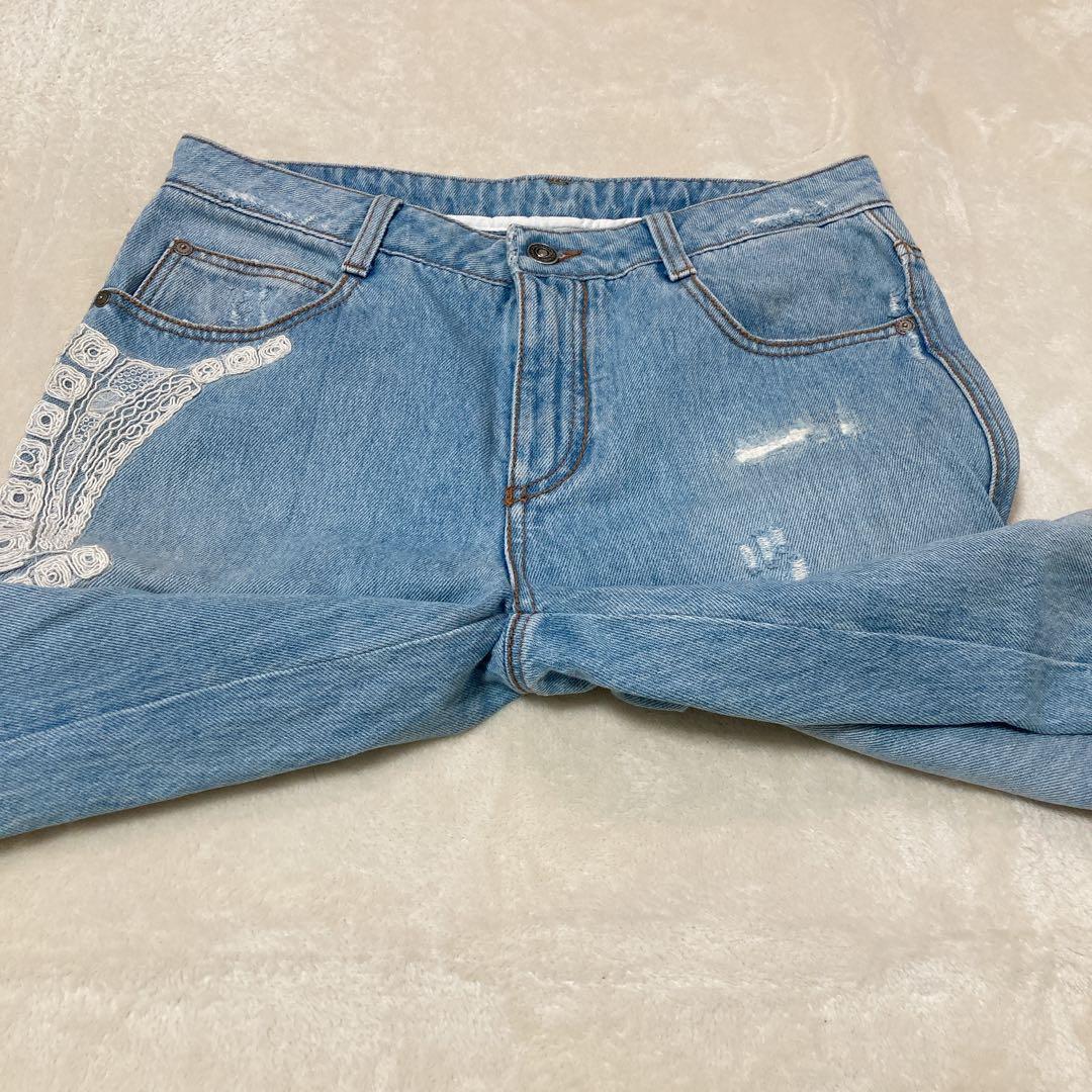 【美品】ERMANNO SCERVINO デニム レース装飾 ダメージ加工