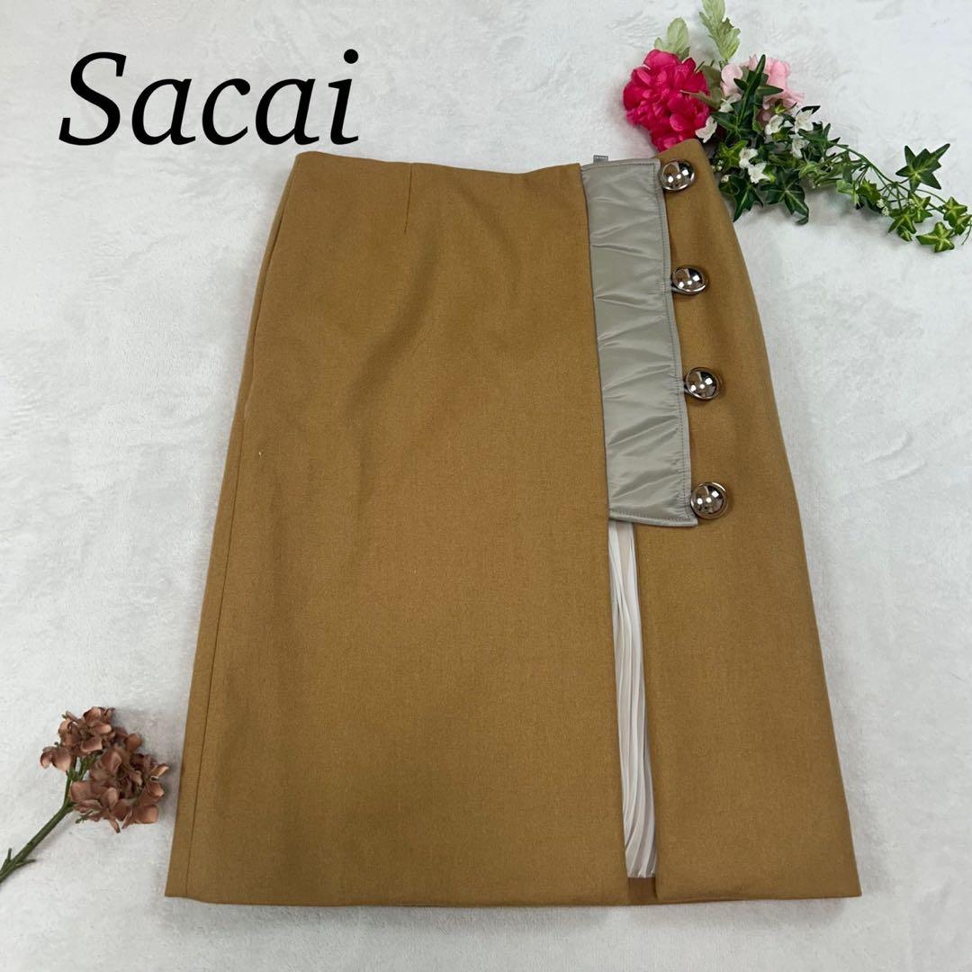 J867 美品 L サカイ プリーツ ひざ丈スカート キャメル レディース