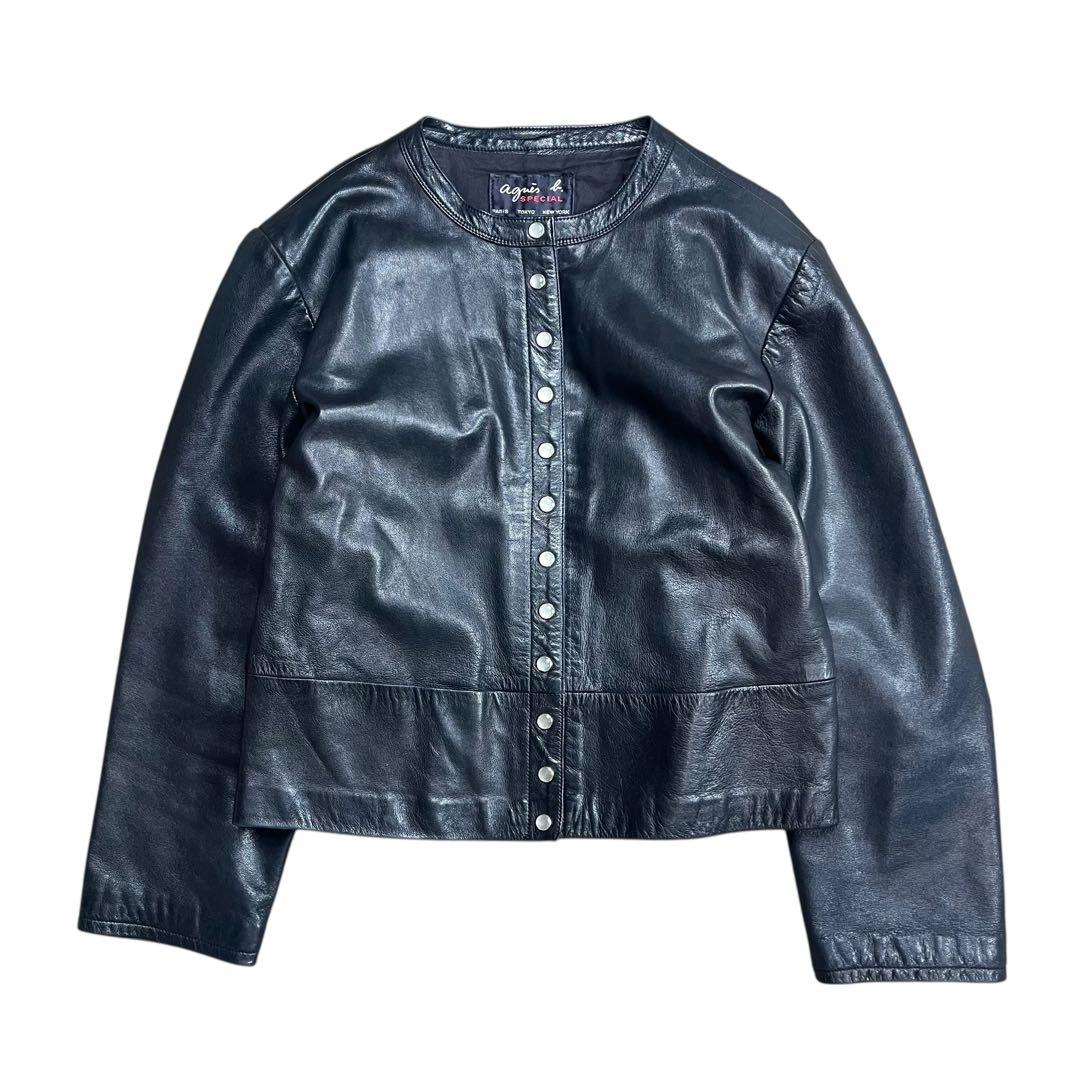 agnes b. レザー ジャケット カーディガンプレッション ブラック 38