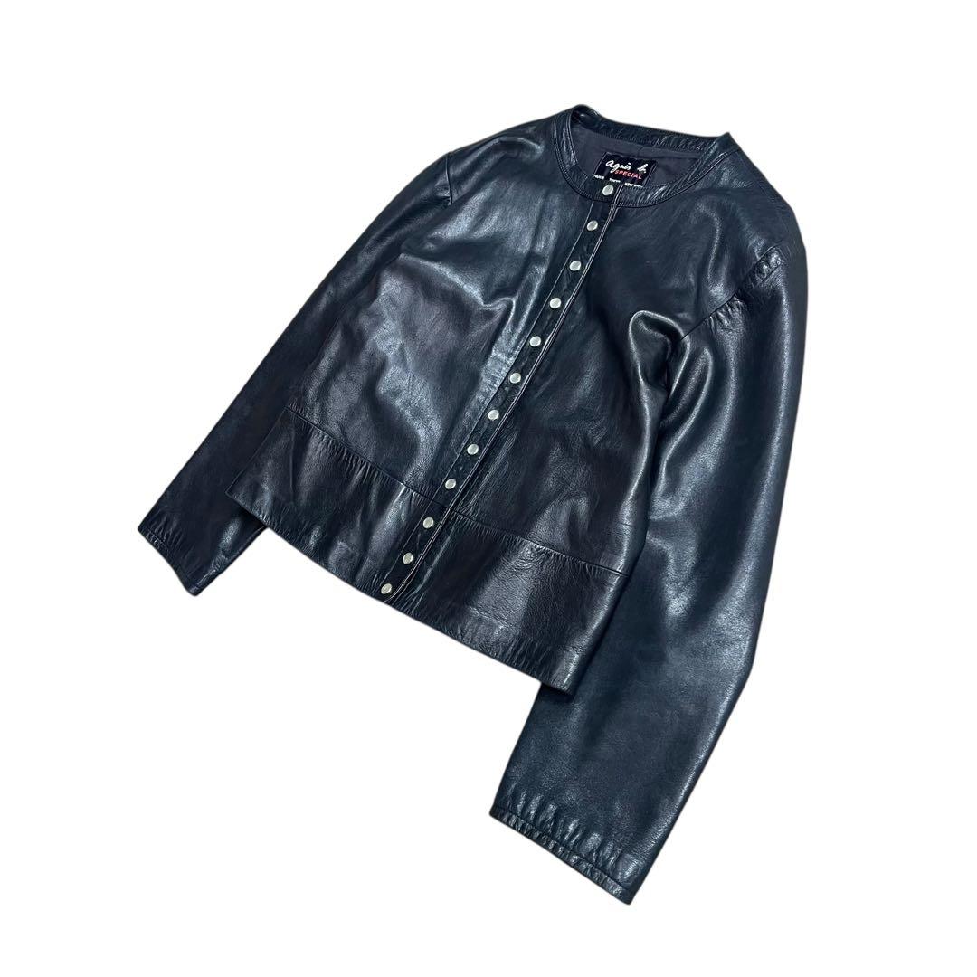 agnes b. レザー ジャケット カーディガンプレッション ブラック 38