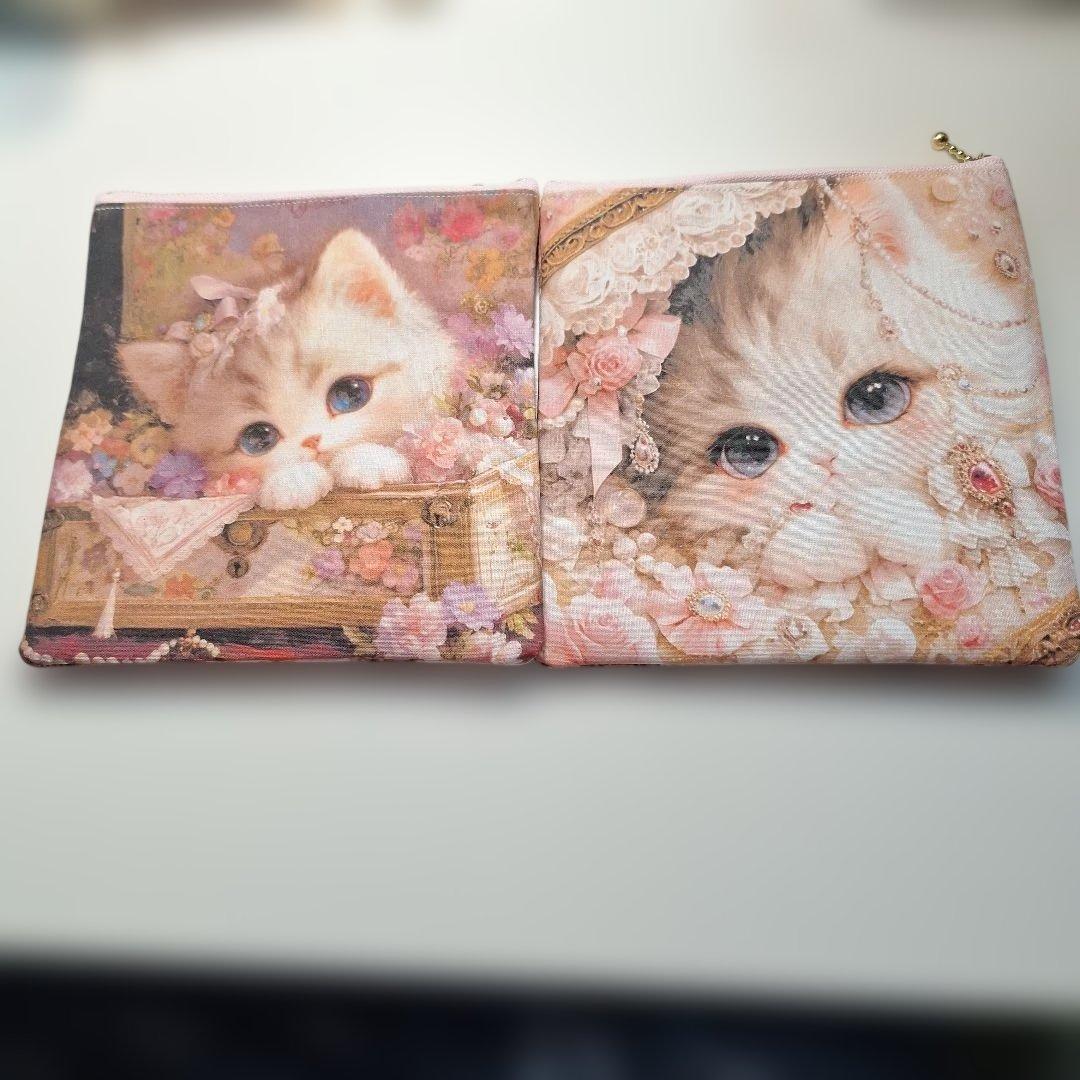 ねこパネル生地　ハンドメイド　フラットポーチ