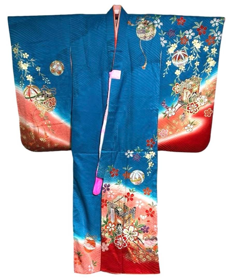 七五三　7歳　四つ身着物、長襦袢セット　濃いスカイブルー　正絹