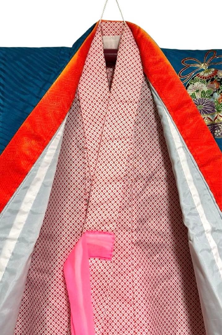 七五三　7歳　四つ身着物、長襦袢セット　濃いスカイブルー　正絹