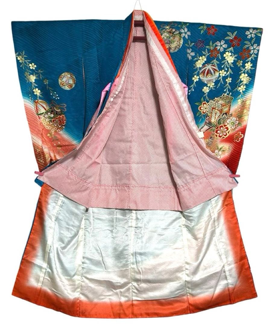 七五三　7歳　四つ身着物、長襦袢セット　濃いスカイブルー　正絹