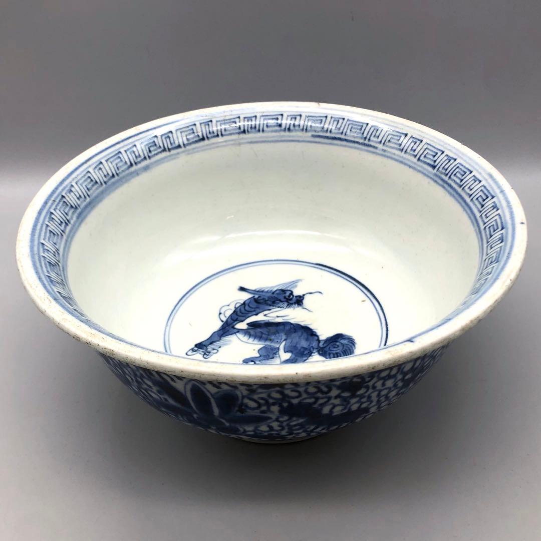 江戸時代古伊万里キリン麒麟染付け鉢ボウル21.5cm伊万里焼骨董品木箱付き