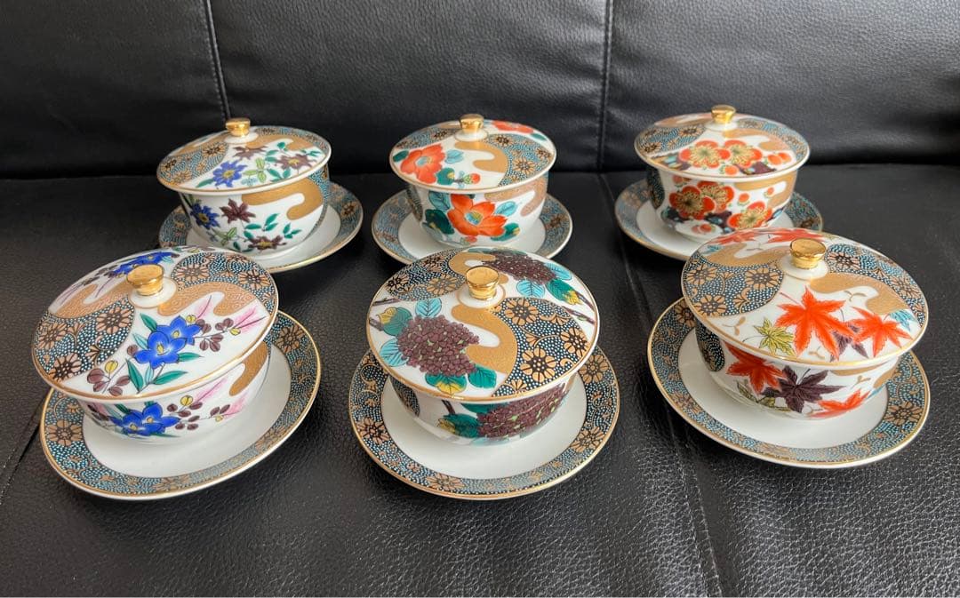 モモ九谷焼 高級 昇竜 蓋付き湯呑み茶碗 6客