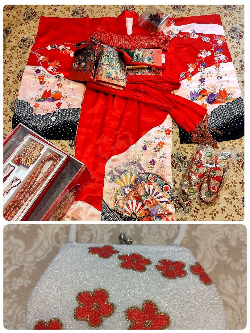 七五三　着物　筥迫セット　　7歳　女の子　絞り柄　袋帯