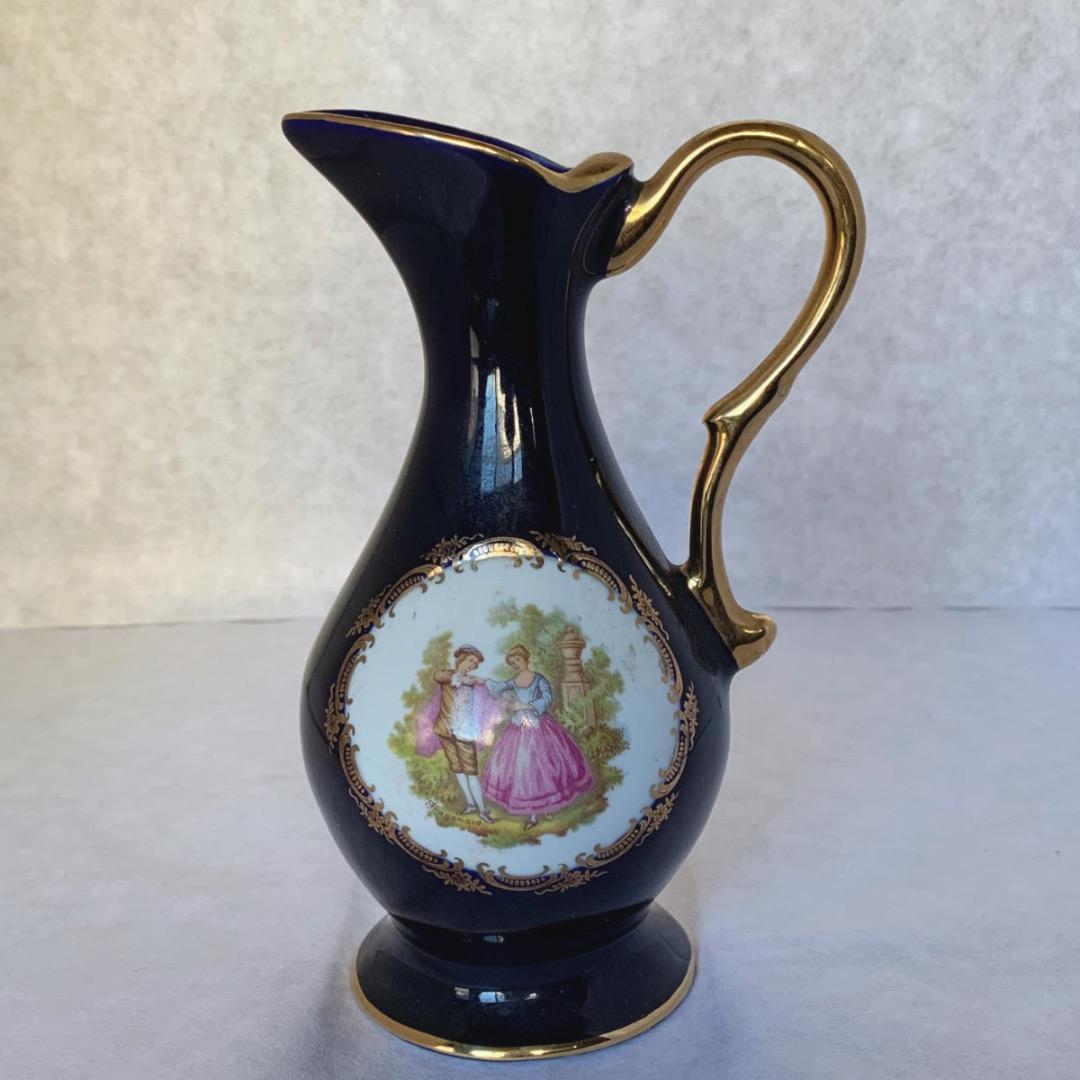 ヴィンテージ フランス リモージュ磁器 ブルー花瓶 ピッチャー、22K ゴールド