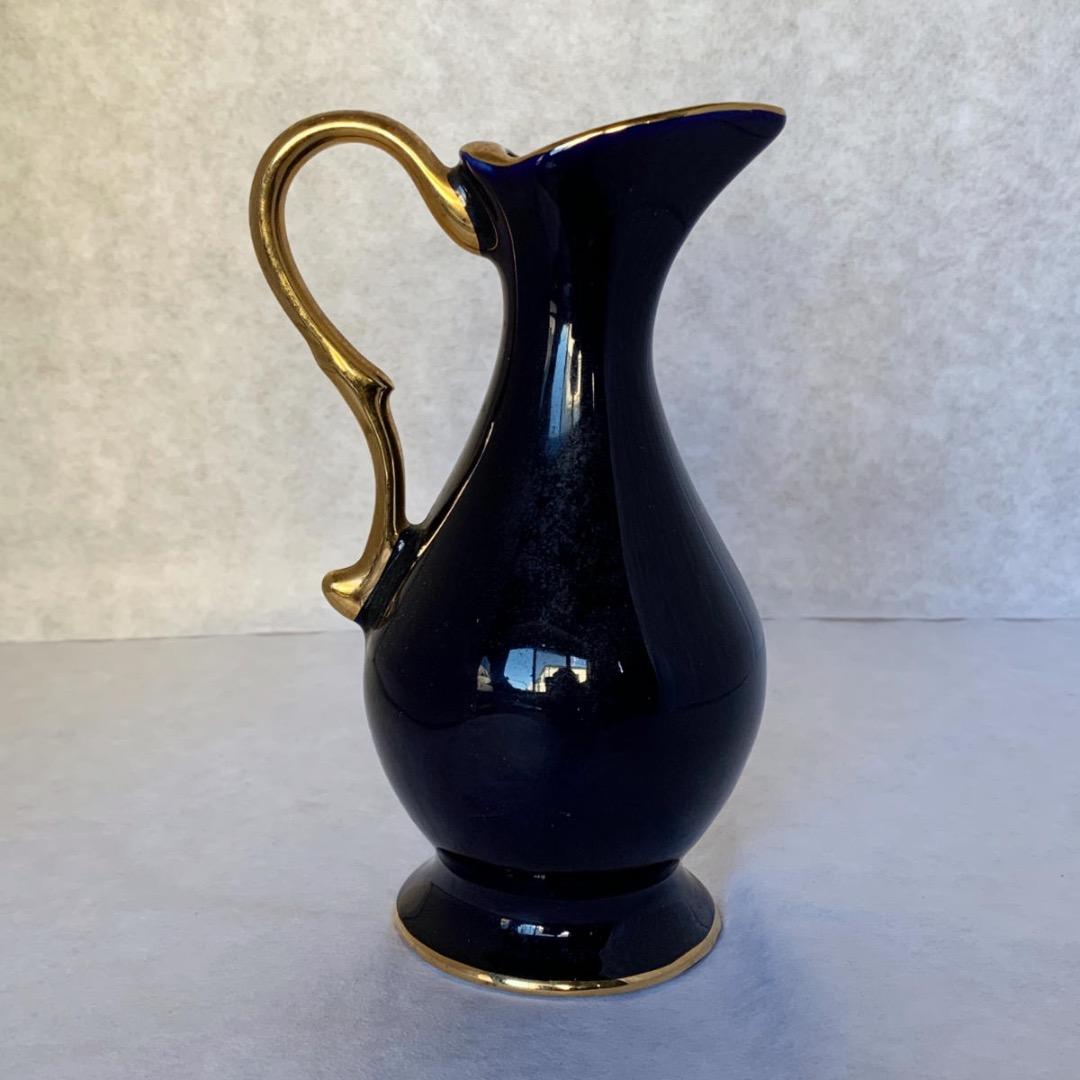 ヴィンテージ フランス リモージュ磁器 ブルー花瓶 ピッチャー、22K ゴールド
