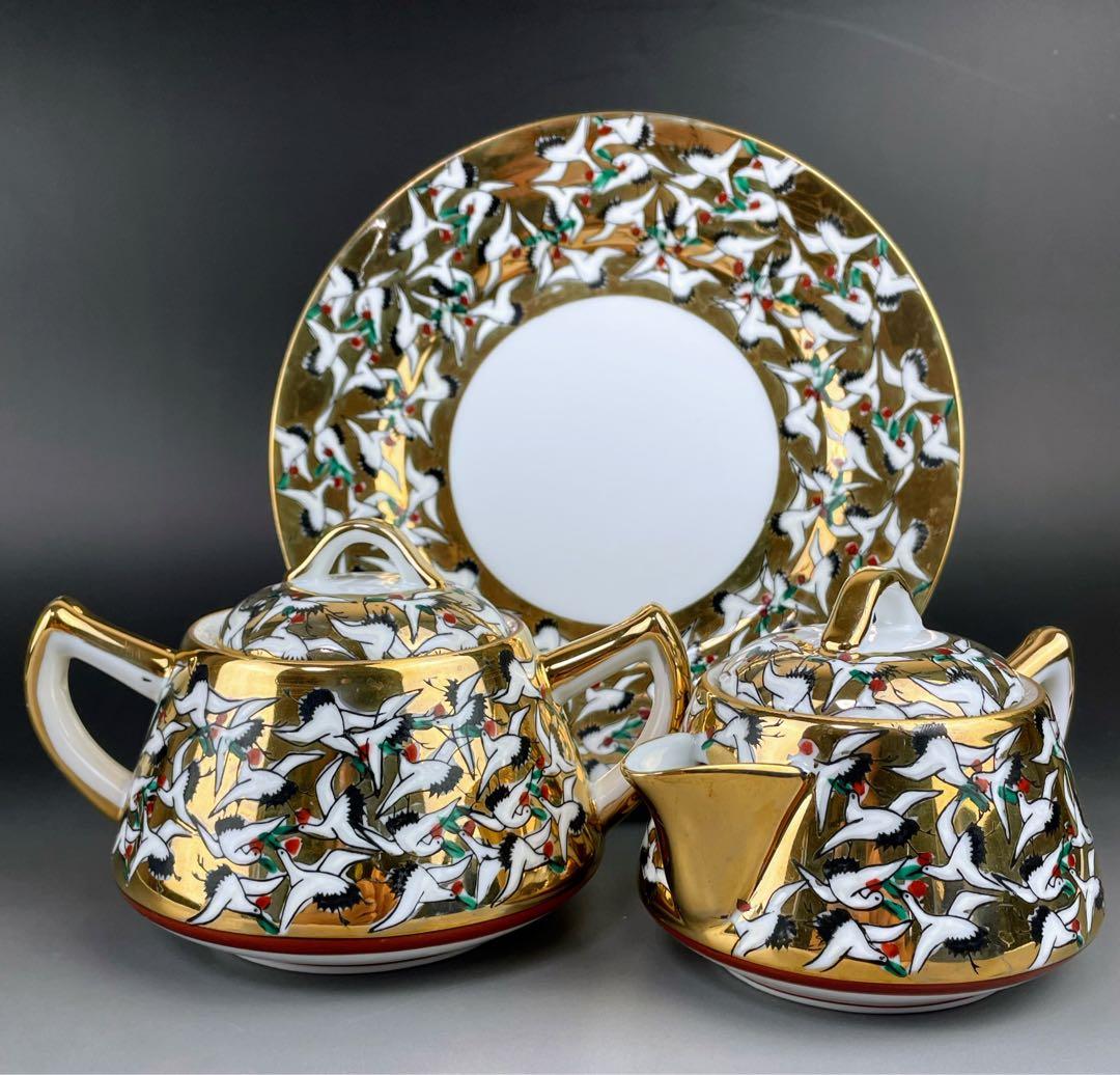 【希少】九谷焼 1000クレーン 鶴 シュガーボウル クリーマー 皿 プレート