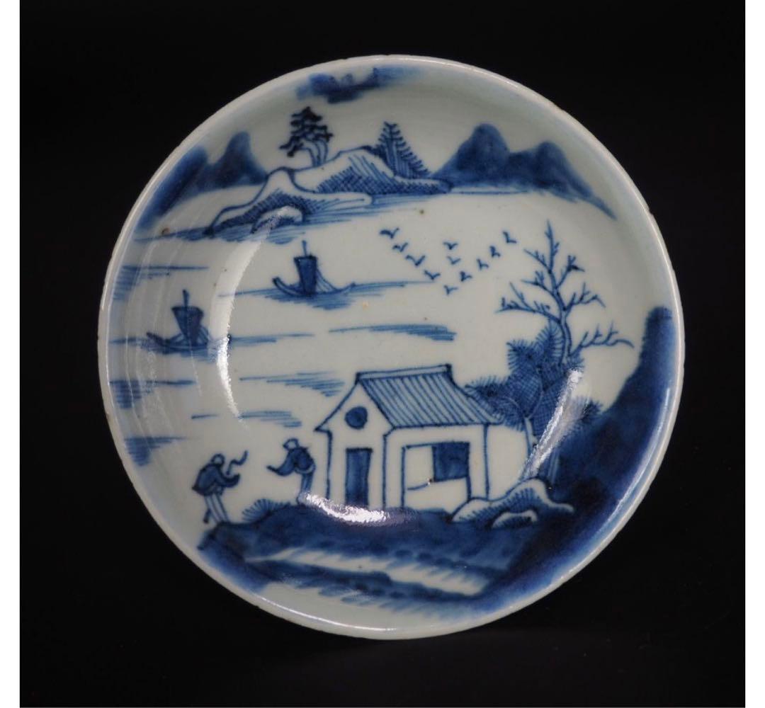 送料無料　本物保証　清時代　新渡染付山水文手塩皿/小皿８枚　共箱