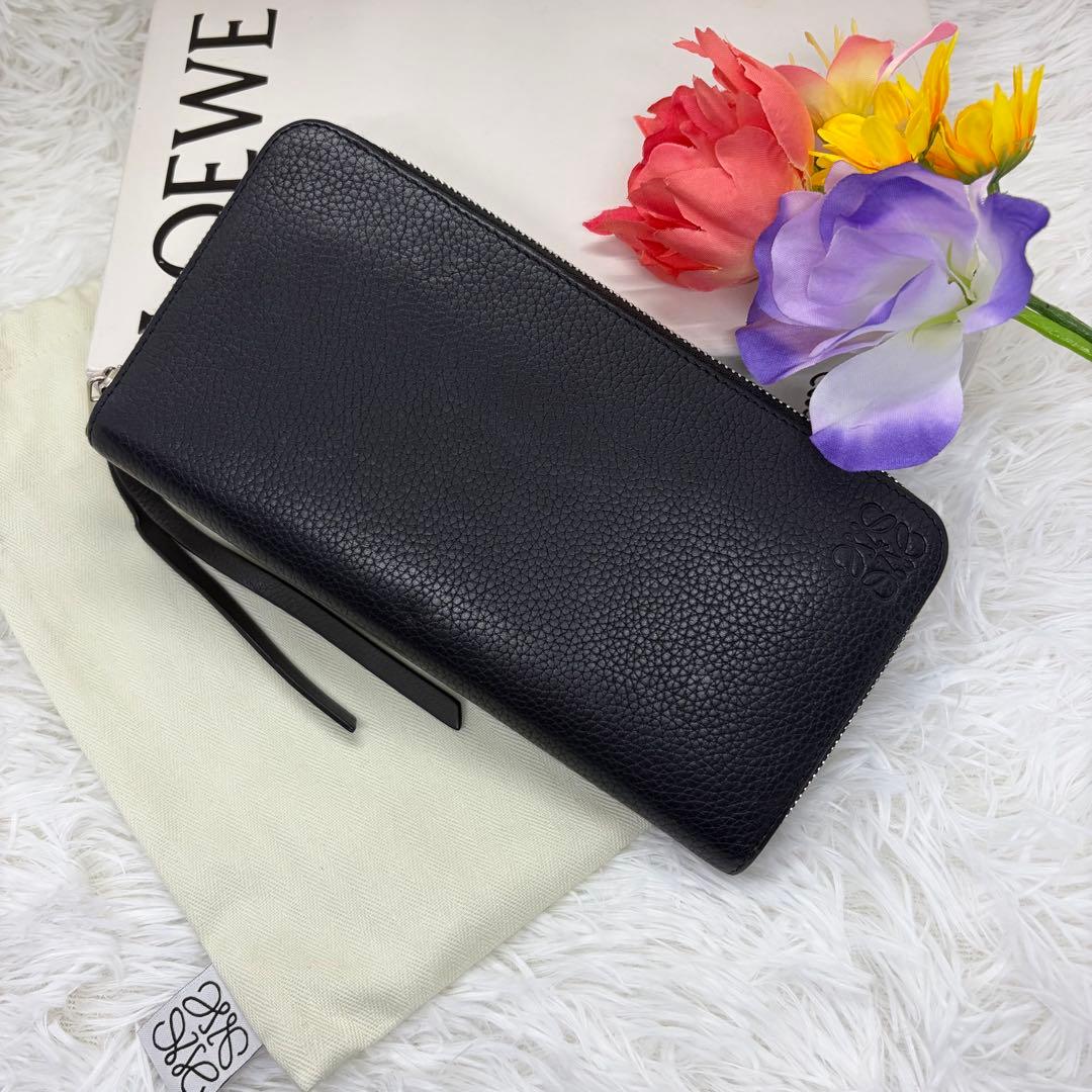 現行/美品✨️ロエベ 長財布 ラウンドファスナー アナグラム 黒 シボ革