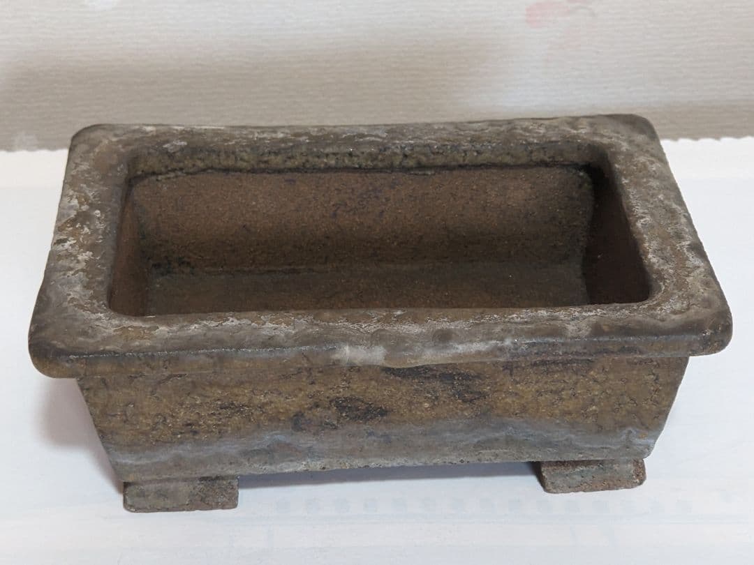 ♦小品盆栽鉢 辰山の釘彫り印 長方形四足ミニ盆栽鉢？中国 国内 古美術骨董品