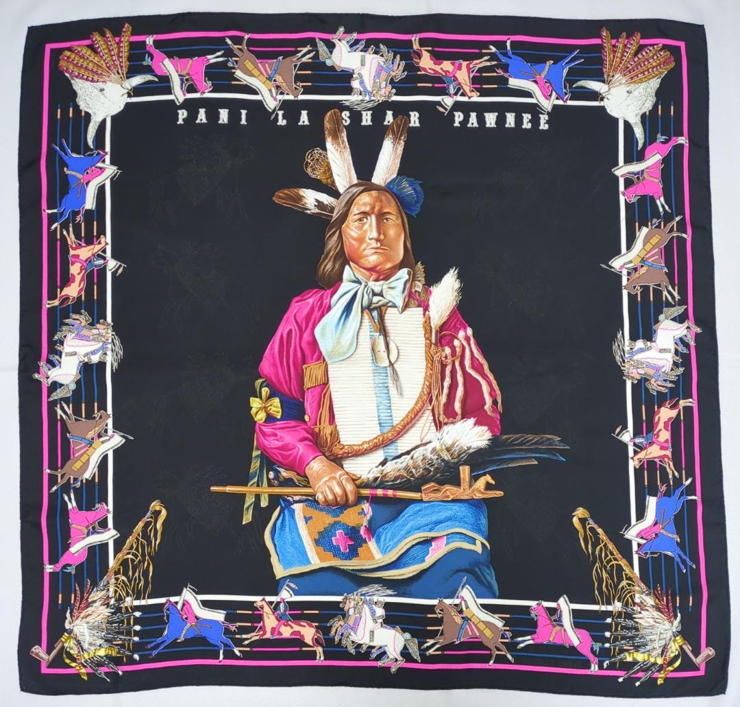 HERMES エルメス カレ90 スカーフ パウニー族の首長 ブラック系