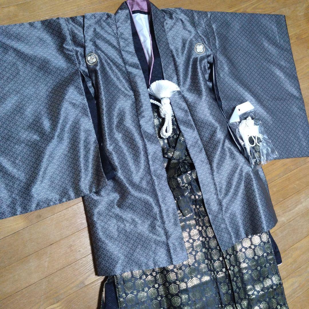 ジュニア男の子羽織袴セット 濃グレー/七宝黒金