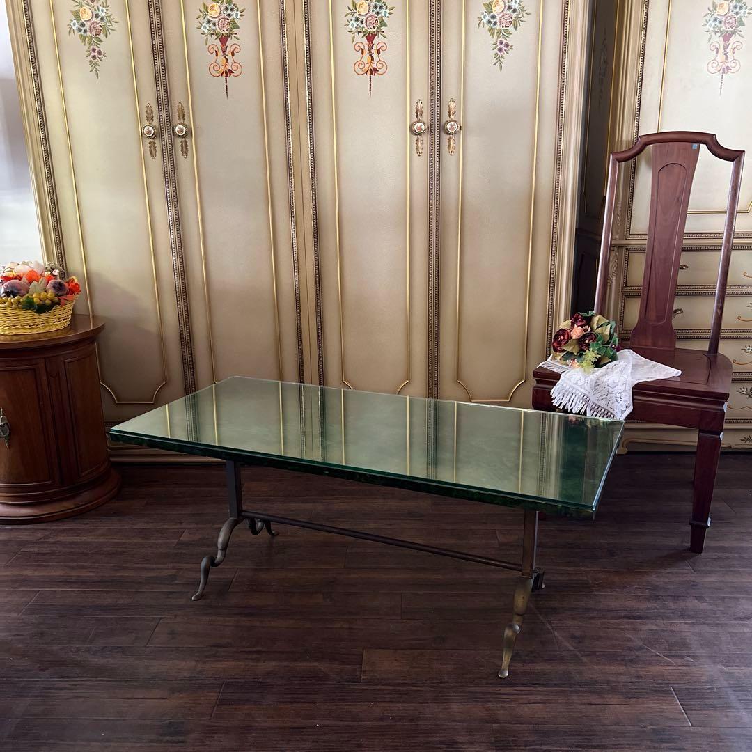k115r118 アンティークグリーンのセンターテーブル ガラス天板 真鍮脚