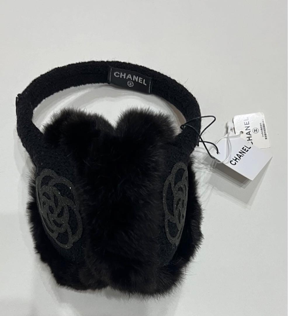シャネル☆イヤーマフ 耳当て ココマーク ラインストーン カメリア ロゴ 黒